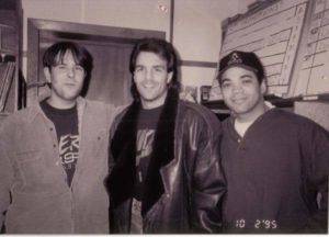 Tai Irwin with quarterback Doug Flutie and WFNX Program/Music Director Troy Smith in 1990