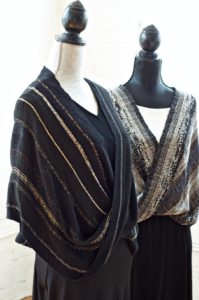 Handwoven Mobius shawls made of rayon boucle, lurex yarn, plus ribbon and supplemental yarns. Credit: Gayle Zucker.
