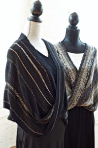 Handwoven Mobius shawls made of rayon boucle, lurex yarn, plus ribbon and supplemental yarns.  Credit: Gayle Zucker.