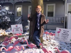 Amid the first snowfall of the season, Jean Beddow-Arnth gets “flocked” by the Hudson Girl Scout Troop 75242 fundraiser on her 96th birthday, October 31, 2020.