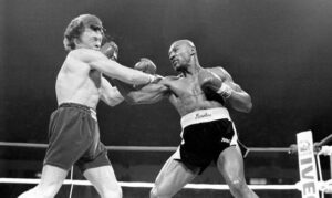 Marvin Hagler hits fellow boxer Tony Sibson during a fight at the DCU Center in Worcester in 1983. Photo/Alamy