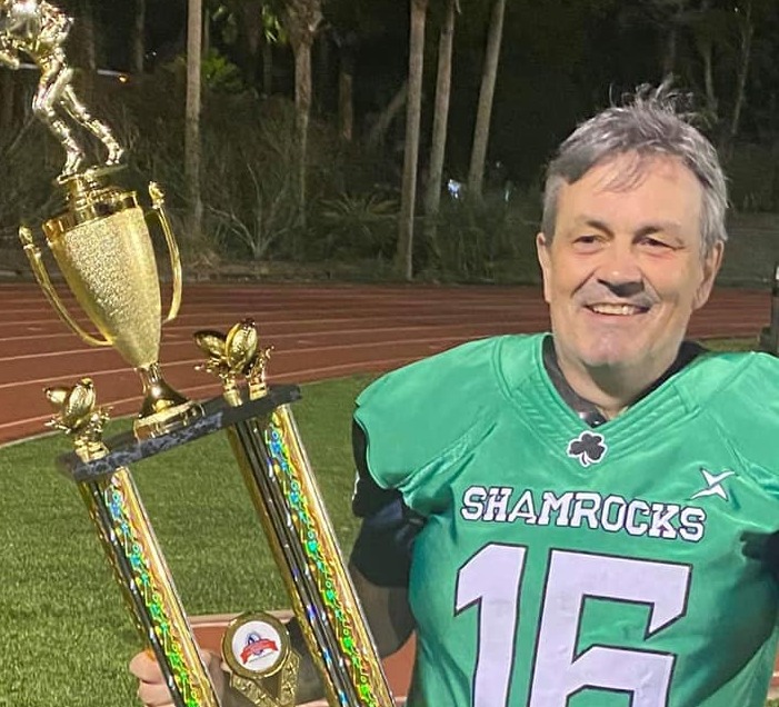 Patrick Caruso holds the national championship trophy won by Marlboro Shamrocks at Palm Bowl XIV in January 2020 in Florida.