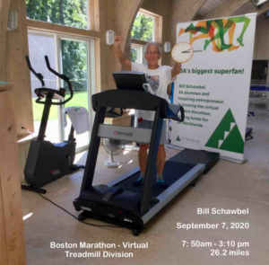 Bill Schawbel completes the Boston Marathon virtually on a treadmill, Sept. 7, 2020, to raise money for Junior Achievement, an organization that supports the development of young entrepreneurs. Photo/courtesy of Bill Schawbel