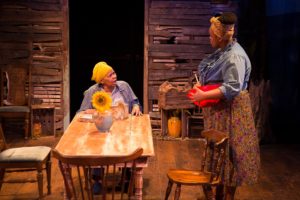 Valerie Stephens and Asha Hirsi perform in “Letters from War” at Marblehead Little Theater in 2018.