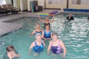 Unusual among area senior living communities, New Horizons at Marlborough features a heated indoor lap swimming pool that residents and their families use for recreation and exercise, including “watercise” classes. Photo/Submitted