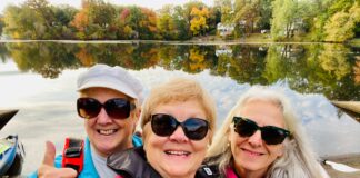 Dee Bosma, Pat Ahern and Cyndee Plude recently completed a marathon kayaking trip across much of Lake Quinsigamond.