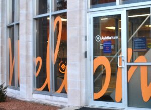 “Welcome” painted on Avidia Bank Financial Center by Paul Tucker