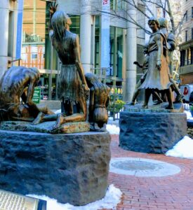 The Boston Irish Famine Memorial was unveiled in 1998 to commemorate the 150th anniversary of The Great Irish Famine. The memorial sits along the Irish Heritage Trail at the corner of Washington and School streets in Downtown Boston. Photo/Courtesy of Boston Irish Heritage Trail Facebook page.
