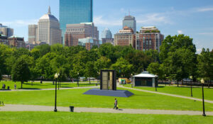 An artist’s rendering of how a Memorial Doors Project sculpture would appear in Boston Common. Photo/Courtesy of Domenic Esposito