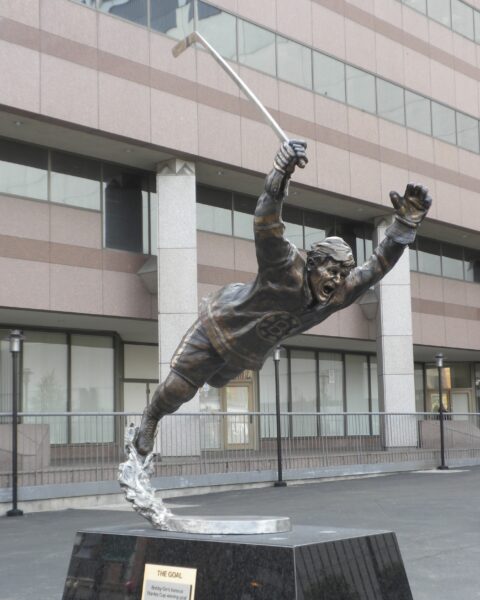 Bobby’s Orr’s flight through the air after scoring the Stanley Cup-winning goal in 1970 for the Boston Bruins is immortalized by this bronze statue, which has been outside the Boston Garden since 2010.