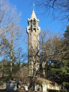 The octagonal bell tower at the Forest Hills Cemetery soars one hundred feet above Snowflake Hill. 