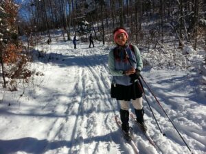 “I love being able to slap on my skis and boots and go out and ski, be outdoors, get warm, and get great exercise,” says Carlisle resident Carla Schwartz.Photo/Submitted
