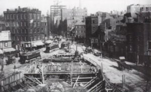 The construction of the Boston subway system was underway on Tremont Street in 1896.