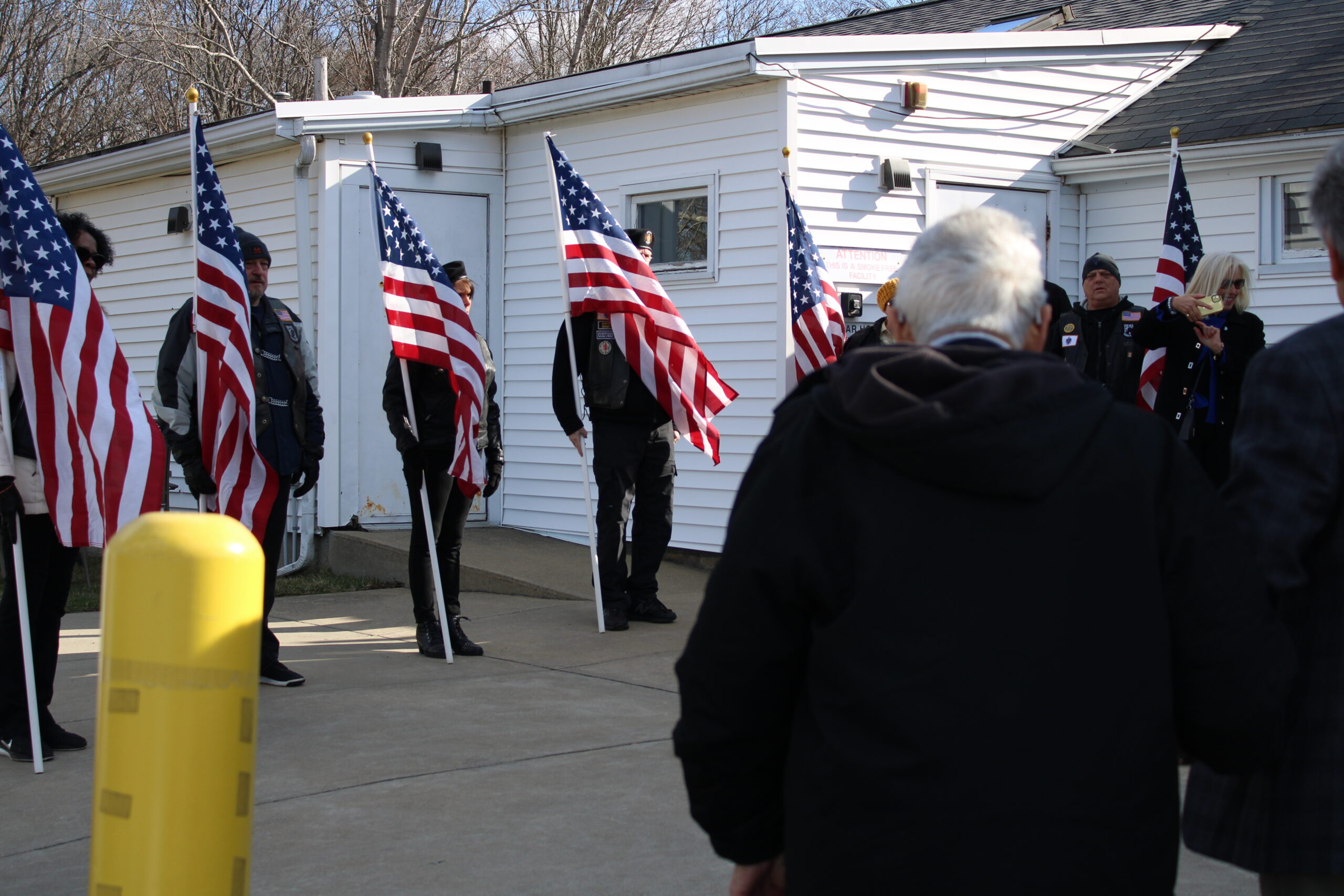 “Perry” Sacco walks past an escort of Legion Riders while heading to a special ceremony honoring the 100-year-old WWII veteran on April 2 at the American Legion Vincent F. Picard Post 234. Photo/Maureen Sullivan