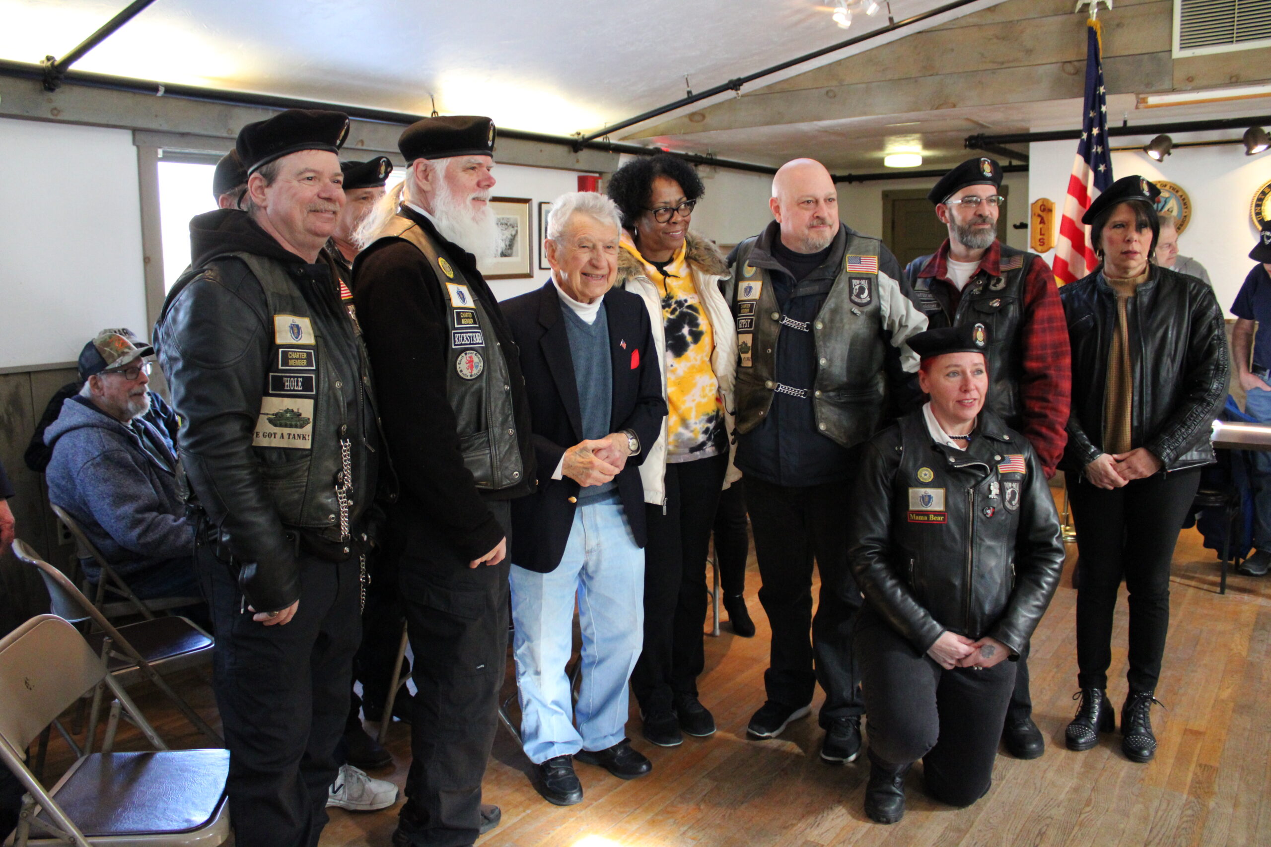 Victor A. “Perry” Sacco, center, is congratulated by members of the Legion Riders after a ceremony on April 2 at the American Legion Vincent F. Picard Post 234. Photo/Maureen Sullivan