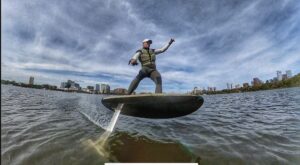 Rolando Amorim has been turning heads on his eFoil electric surfboard on Boston’s waterways for several years.