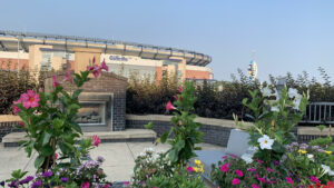 The Renaissance Boston Patriot Place Hotel has an outdoor patio with a perfect view of Gillette Stadium.Photo/Sandi Barrett