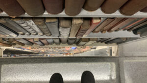 The glass-floored stacks provide a unique view of some of the half million books available.