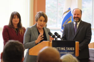 Gov. Maura Healey speaks about recent tax cuts at the Northborough Senior Center. (photo/Laura Hayes)
