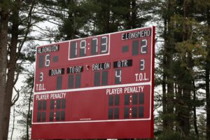 The scoreboard, as if frozen in 1973, displays the team’s 6-2 win over East Longmeadow to secure the Super Bowl and 10-0 season. (Photo/Evan Walsh)