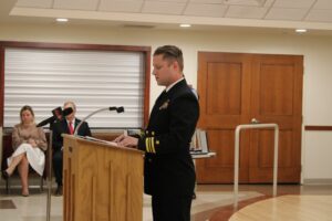 Matthew Sargent, a lieutenant commander with the U.S. Navy and trustee with the Marlborough Historical Society, reads off the names and achievements of the seven Marlborough residents being honored with the Medal of Liberty/Medal of Fidelity on Nov. 9 at the Senior Center.