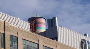 The water tower of the Necco factory in Cambridge was painted to resemble a package of Necco Wafers. Photo/Jill Robidoux-Wikimedia Commons