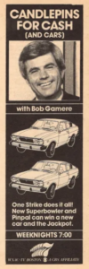 A 1978 advertisement for the Boston TV show “Candlepins for Cash” with its host Bob Gamere.