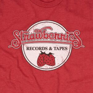 The colorful Strawberries Records & Tapes logo not only adorned its storefronts and shopping bags, but was also imprinted on t-shirts sold in the stores.
