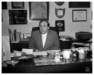 Morris Levy, the controversial owner of the Strawberries music store chain, in his New York City office at Roulette Records in 1969.Photo/Wikimedia Commons/Richard Carlin 