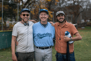 From left to right: Director Carson Lund, Russ Gannon and Writer Michael Basta on the set of “Eephus.” (Courtesy/Russ Gannon)