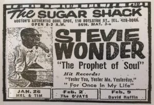 Vintage advertisement for The Sugar Shack nightclub featuring Stevie Wonder and performance dates.