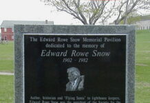 Edward Rowe Snow was the ‘Flying Santa’ for New England lighthouses for 40 years Edward Rowe Snow, the Flying Santa of New England lighthouse keepers, is remembered with this memorial plaque on Georges Island in Boston Harbor. Photo/Wikimedia Commons