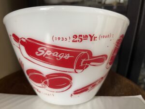Commemorative bowl celebrating 25th anniversary of Spag's store in Shrewsbury, Massachusetts.