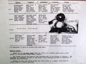 1967 school lunch menu detailing daily meals and milk service