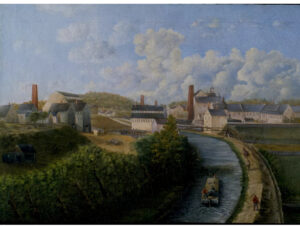 Historical view of Blackstone Canal and industrial buildings in Worcester, Massachusetts.
