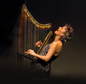 Deborah Henson-Conant, Grammy-nominated harpist and composer, performing with her harp.