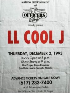 LL Cool J concert poster for The Officer's Club, featuring event details such as date, time, and age restrictions, highlighting its significance in the vibrant nightlife of The Palace nightclub in Saugus.