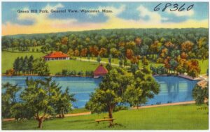 Green Hill Park general view, Worcester, Massachusetts, showcasing park landscape and recreational areas.