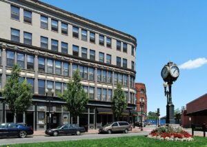 Lynn, Massachusetts cityscape featuring 1 Central Square and historic clock tower.