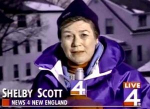 Shelby Scott, WBZ reporter, delivering weather report in New England snow.