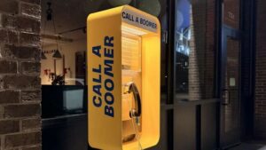 As part of an experiment to connect young and old people, a biotech company temporarily placed a phone booth near the Boston University campus that directly connects to a senior housing facility in Reno, Nevada.Photo/Courtesy of Matter Neuroscience