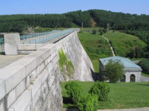 Wachusett Reservoir dam and surrounding landscape, historic water supply in Massachusetts