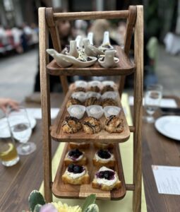 Tiered tea stand with sweet indulgences at New England Botanic Garden at Tower Hill afternoon tea