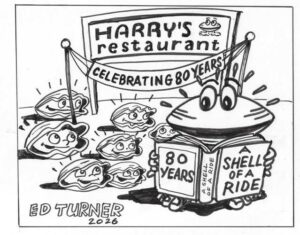 A new cartoon at Harry’s Restaurant in Westborough commemorates its 80th anniversary.