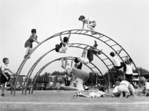 The playgrounds of the 1960s and 1970s were more elaborate, but not without hazards.