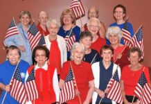 Senior women keep in step with patriotic drill team