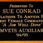 Inscription on the plaque presented to Sue Conrad by the Hudson AMVETS Ladies Auxiliary Post 208